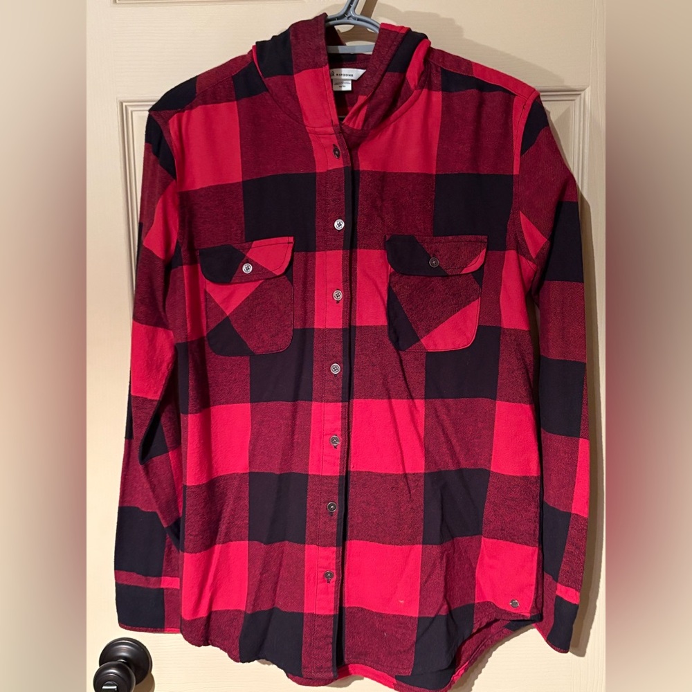 Red and Black Plaid Button-Up Shirt with hoodie